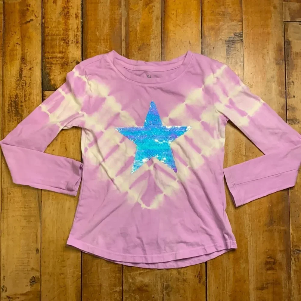 Gap long sleeve shirt size small tie dye flip sequins star purple blue cotton